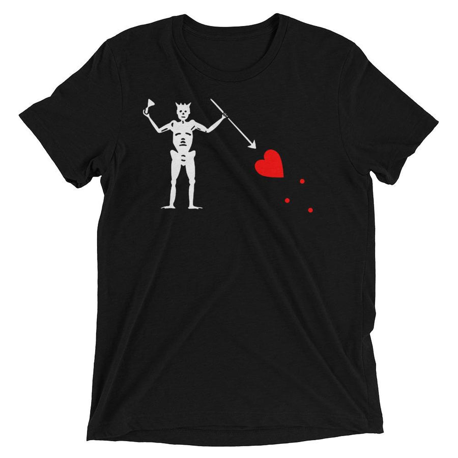 Black short sleeve unisex t-shirt with the purported pirate flag of Blackbeard, consisting of a white horned skeleton using a spear to pierce a red bleeding heart, typically attributed to the pirate Edward Teach, better known as Blackbeard.