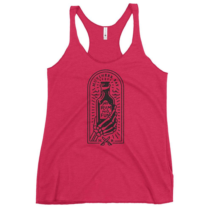 Hot Pink racerback tank top with image of skeleton hands holding up a rum bottle with the "No Rum, No Fun" written in the middle. In small semi circle above the bottle, "Mutineer Bay" is written. All images and lettering is in black.