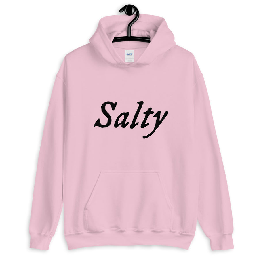 Pink unisex Hoodie with wording "Salty" written on one horizontal row in IM Fell font on the front. Lettering is in Black.
