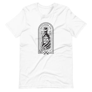White unisex short sleeve t-shirt with image of skeleton hands holding up a rum bottle with the "No Rum, No Fun" written in the middle. In small semi circle above the bottle, "Mutineer Bay" is written. All images and lettering is in black.