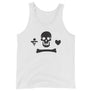 White unisex tank top depicting the black pirate flag of Stede Bonnet "The Gentleman Pirate" represented as a white skull above a horizontal long bone between a heart and a dagger.