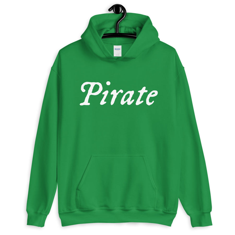 Green unisex Hoodie with word "Pirate" written horizontally in IM Fell font on the front and back of the hoodie. Lettering is in white.