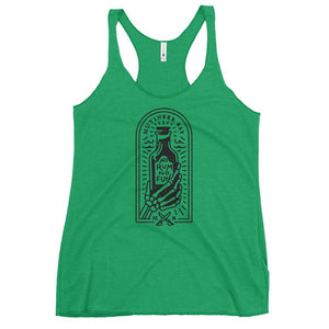 Green racerback tank top with image of skeleton hands holding up a rum bottle with the "No Rum, No Fun" written in the middle. In small semi circle above the bottle, "Mutineer Bay" is written. All images and lettering is in black.