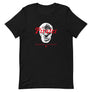 Black short sleeve t-shirt with "Pirates Honor Loyalty" written horizontally transposed over skull outline. Lettering is in red and skull is in white.