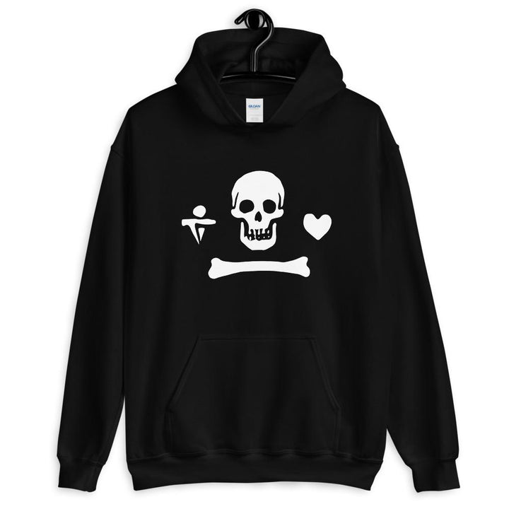 Black unisex hoodie depicting the white pirate flag of Stede Bonnet "The Gentleman Pirate" represented as a white skull above a horizontal long bone between a heart and a dagger, all on a black field.