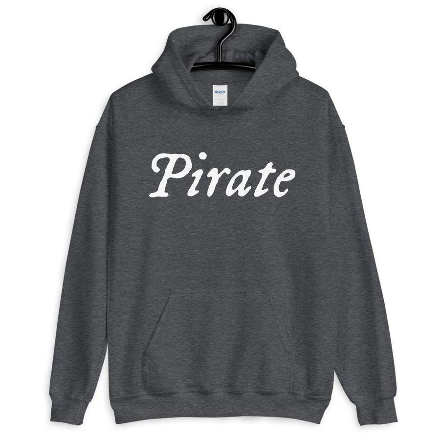 Grey unisex Hoodie with word "Pirate" written horizontally in IM Fell font on the front and back of the hoodie. Lettering is in white.