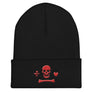 Black beanie depicting the red pirate flag of Stede Bonnet "The Gentleman Pirate" represented as a white skull above a horizontal long bone between a heart and a dagger