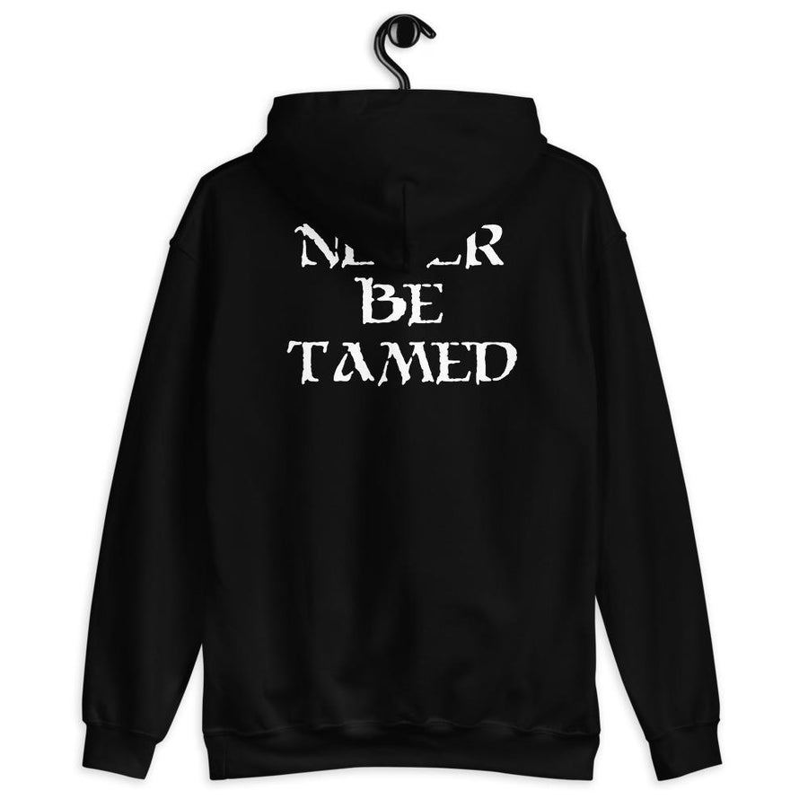Black unisex hoodie depicting white Mutineer Bay trademarked logo on the front. On the back is Mutineer Bay's trademarked slogan "Never Be Tamed" on three horizontal rows. All lettering is in White.