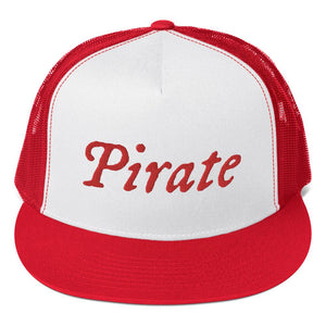 Stylish trucker cap with word "Pirate" written horizontally in IM Fell font on the front of cap. Cap brim is red, front of cap is white, sides of cap are red. All lettering is in Red.