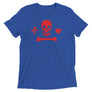 Royal Blue unisex short sleeve t-shirt depicting the pirate flag of Stede Bonnet "The Gentleman Pirate" represented as a red skull above a red horizontal long bone between red a heart and a red dagger.