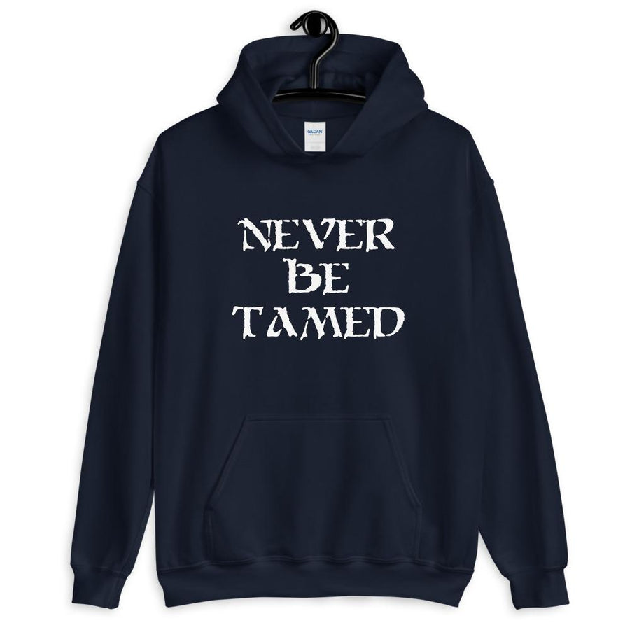 Navy Blue unisex hoodie depicting  Mutineer Bay's trademarked slogan "Never Be Tamed" on three horizontal rows. All lettering is in White.