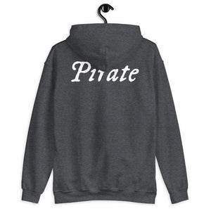 Grey unisex Hoodie with word "Pirate" written horizontally in IM Fell font on the front and back of the hoodie. Lettering is in white.