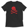 Black short sleeve t-shirt with Henry Every pirate flag which depicts a red skull in profile wearing a kerchief and an earring, above a saltire of two red crossed bone