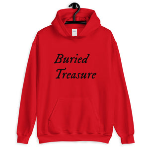 Red unisex Hoodie with wording "Buried Treasure" written on two horizontal rows in IM Fell font on the front. Lettering is in Black.