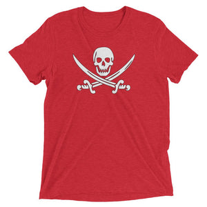Red t-shirt with Jack Rackham pirate flag represented as a white skull above two crossed swords, which contributed to the popularization of pirates worldwide.