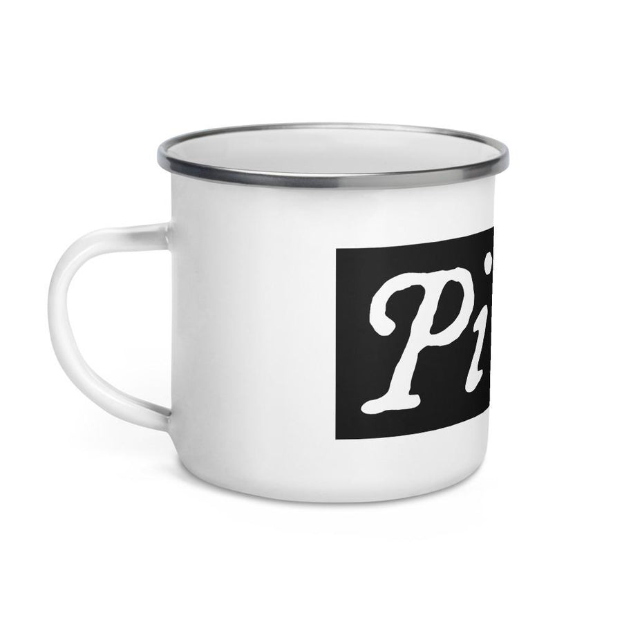 Enamel Mug with "Pirate" written white lettering in IM Fell font, surrounded by black background.