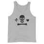 Grey unisex tank top depicting the black pirate flag of Stede Bonnet "The Gentleman Pirate" represented as a white skull above a horizontal long bone between a heart and a dagger.