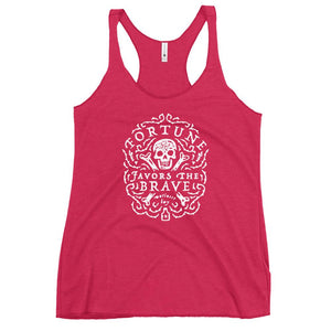 Hot Pink Racerback tank top with centered skull and cross bones, with small additional artistic accents, surrounded in a circular pattern with "Fortune Favors the Brave". All lettering and imagining is in White.