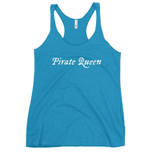Teal racerback tank top with "Pirate Queen" written on one horizontal row in white IM Fell font.