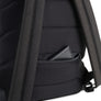 White minimalist backpack depicting black pirate flag of Emanuel Wynn, famous French pirate, which is a variant of crossbones motif with an addition of an hourglass which represented that pirate prey's time is up.