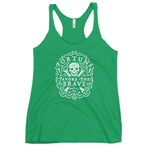 Green Racerback tank top with centered skull and cross bones, with small additional artistic accents, surrounded in a circular pattern with "Fortune Favors the Brave". All lettering and imagining is in White.