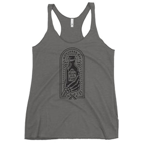 Dark grey racerback tank top with image of skeleton hands holding up a rum bottle with the "No Rum, No Fun" written in the middle. In small semi circle above the bottle, "Mutineer Bay" is written. All images and lettering is in black.