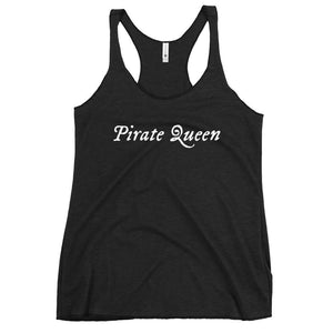 Black racerback tank top with "Pirate Queen" written on one horizontal row in white IM Fell font.